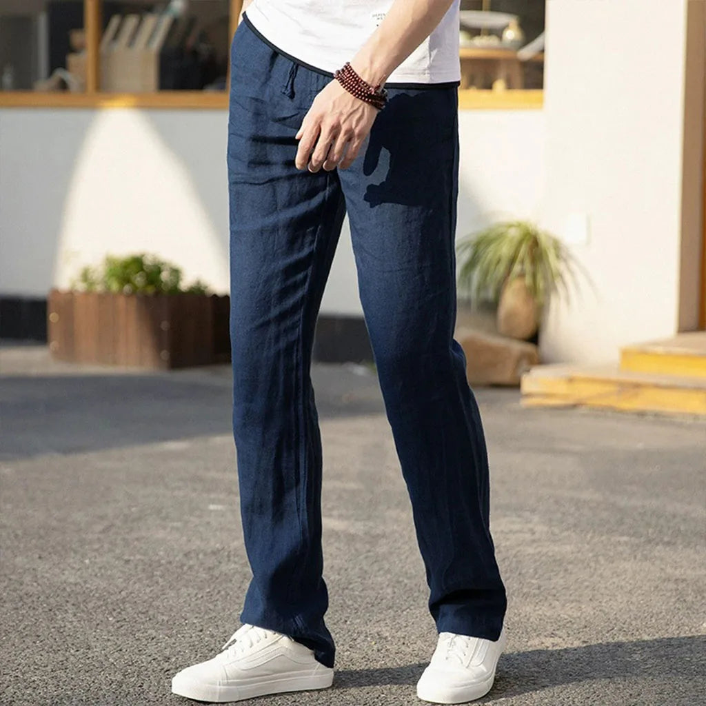 Men's Cotton Linen Pants Straight Leg Elastic Waist Lightweight