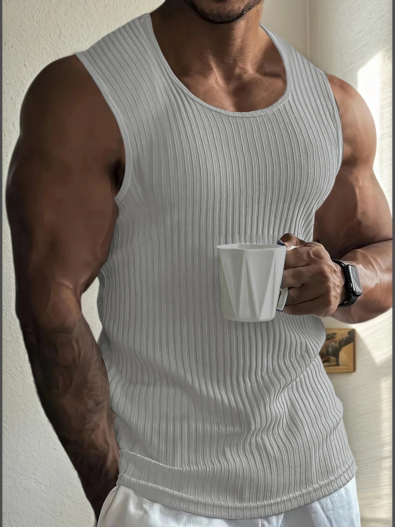 Men's Gym Stripe Tank Top Breathable Sleeveless Shirt Sports Undershirt Bodybuilding Vest Solid Color Casual T-Shirt Streetwear