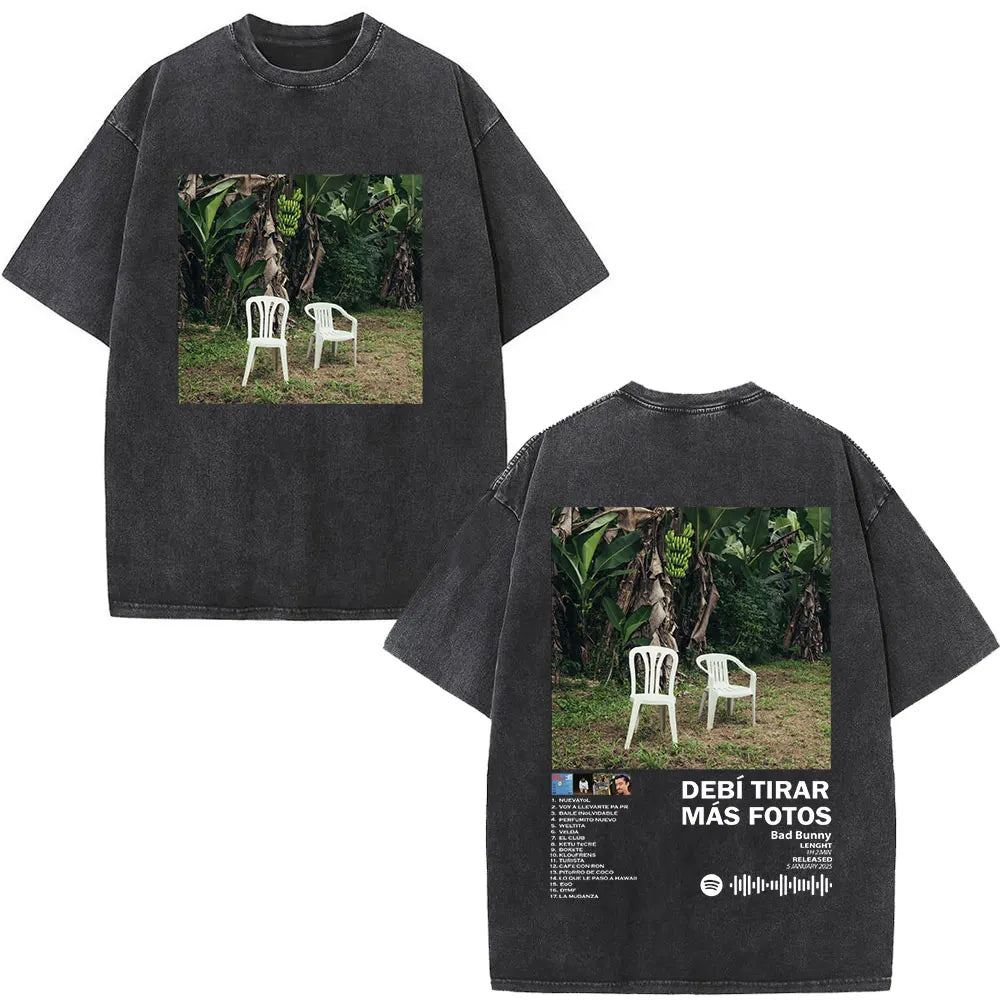 Rapper Bad Bunny Album Cover Print T-shirt Debi Tirar Mas Fotos DTMF Washed Vintage T Shirt Men Women Hip Hop Oversized T-shirts