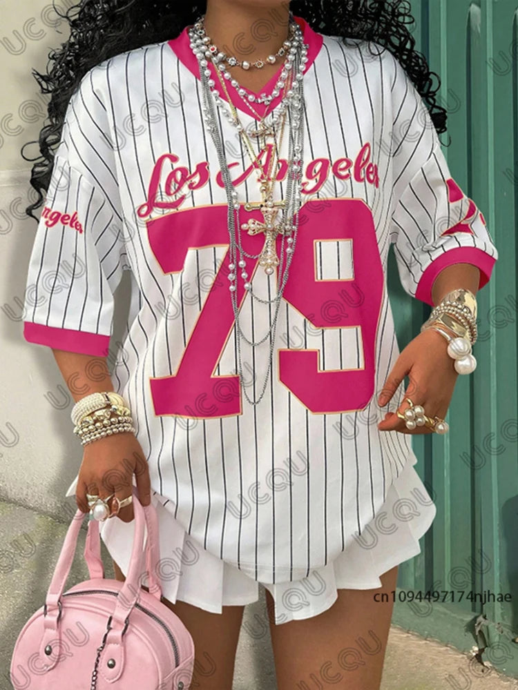 Summer New Los Angeles 79 Print Stripe T-shirt For Women