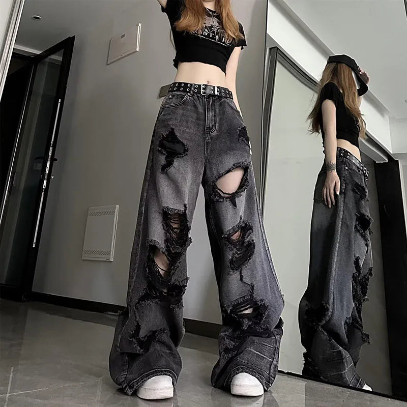 High Street Vintage Black Ripped Jeans Fashion Wide Leg Pants Women