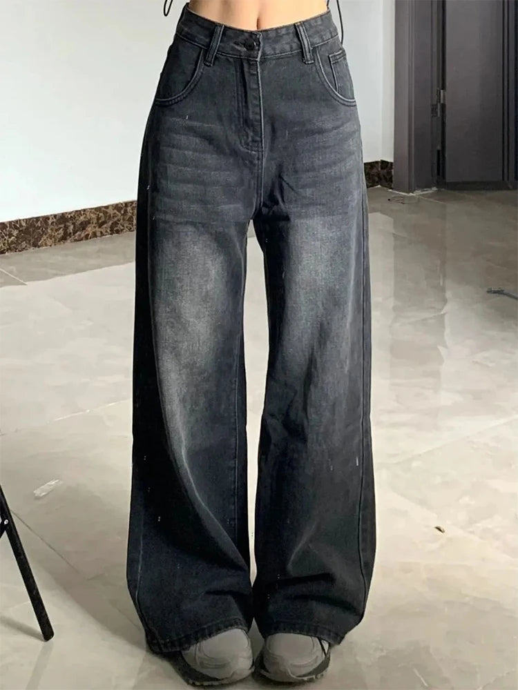 Korean Vintage High Waist Women's Jeans | Loose Straight Bell Bottoms Black Gray Baggy Denim Trousers