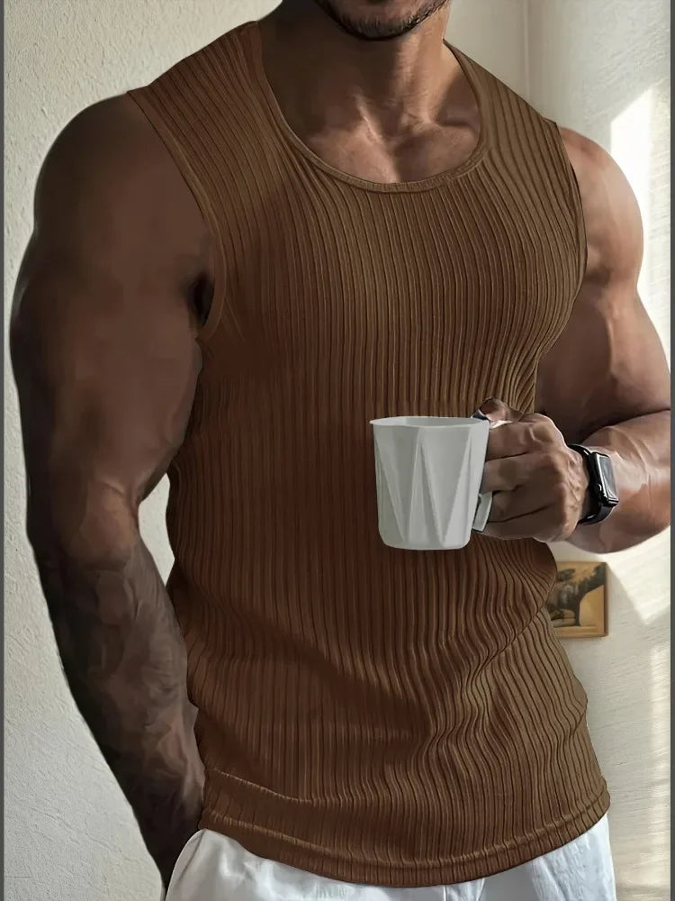 Men's Gym Stripe Tank Top Breathable Sleeveless Shirt Sports Undershirt Bodybuilding Vest Solid Color Casual T-Shirt Streetwear