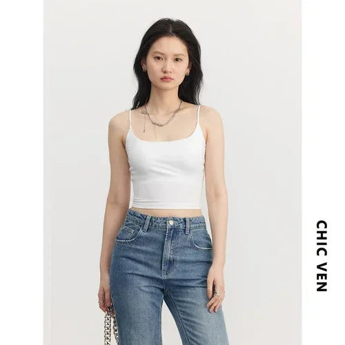 CHIC VEN Women's Tanks New Loose Short Camis Sleeveless Solid Crop Top Woman Clothing Spring Summer 2023