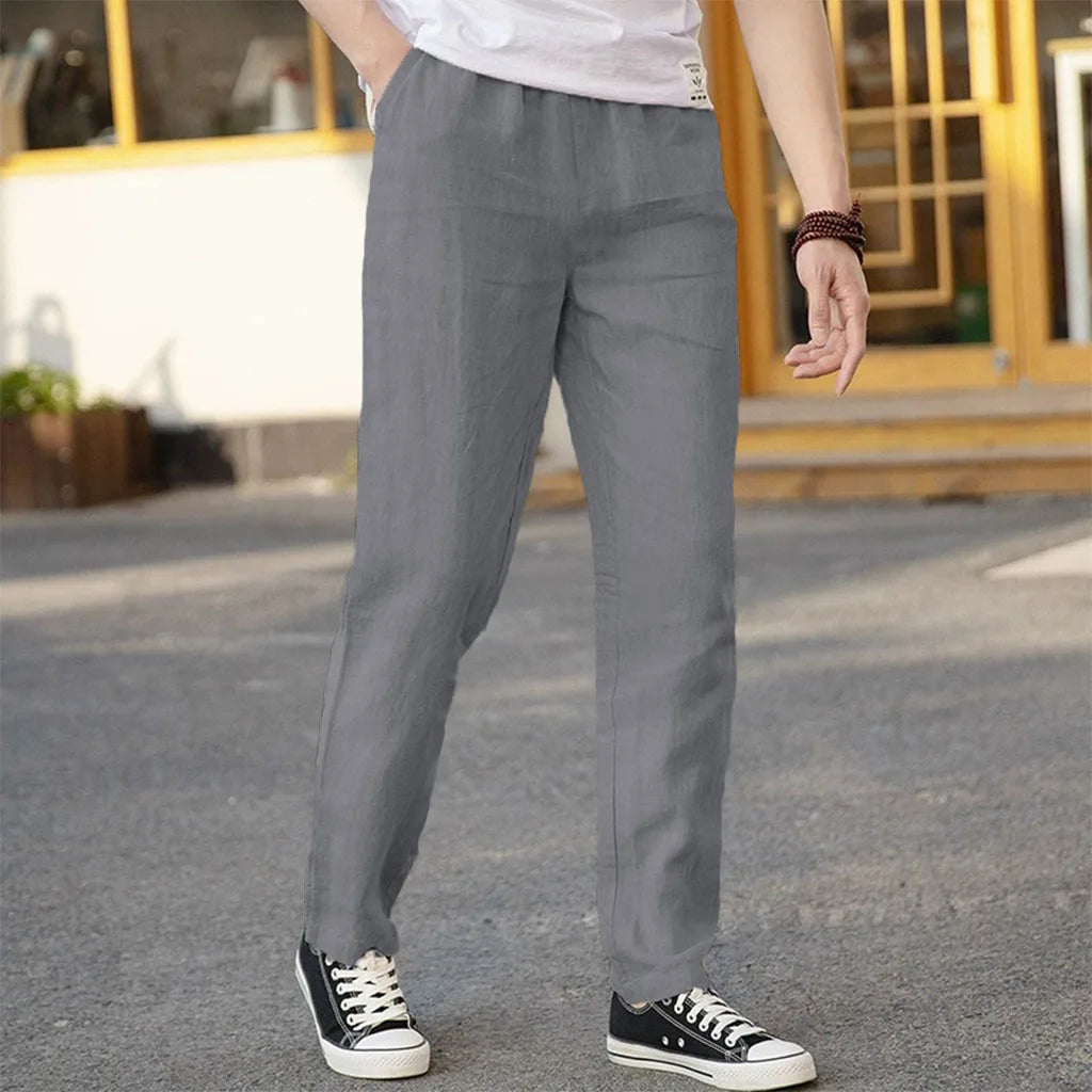 Men's Cotton Linen Pants Straight Leg Elastic Waist Lightweight