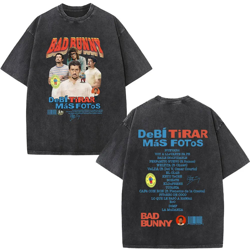 Rapper Bad Bunny Album Cover Print T-shirt Debi Tirar Mas Fotos DTMF Washed Vintage T Shirt Men Women Hip Hop Oversized T-shirts