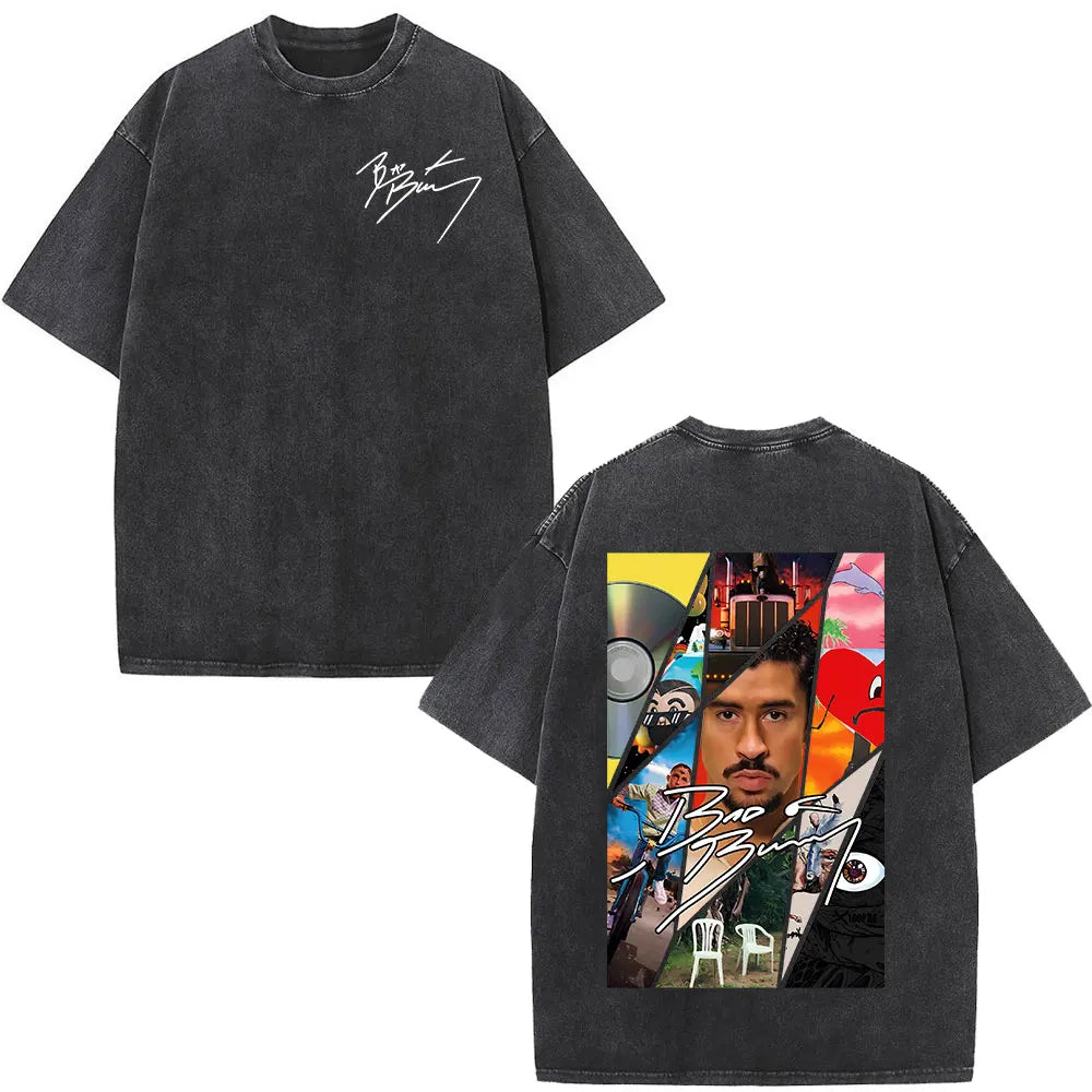 Rapper Bad Bunny Album Cover Print T-shirt Debi Tirar Mas Fotos DTMF Washed Vintage T Shirt Men Women Hip Hop Oversized T-shirts