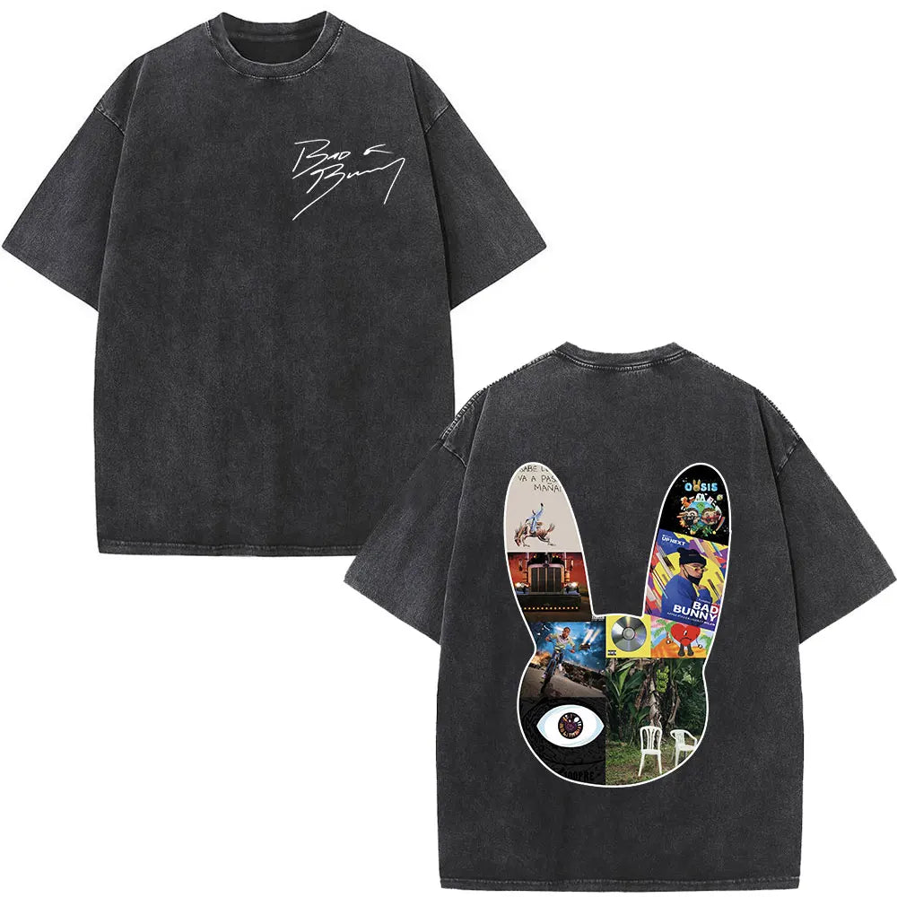Rapper Bad Bunny Album Cover Print T-shirt Debi Tirar Mas Fotos DTMF Washed Vintage T Shirt Men Women Hip Hop Oversized T-shirts