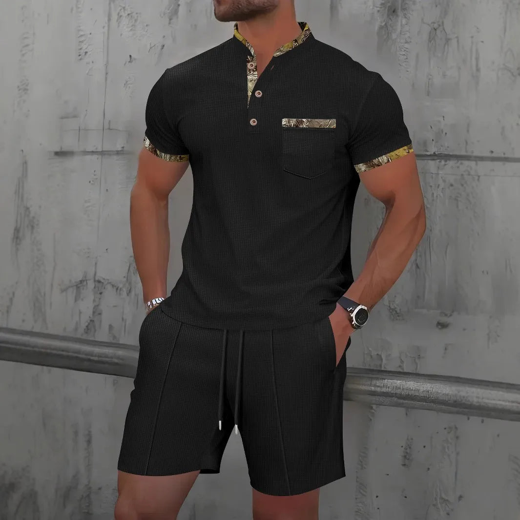2026 Men Europe and the United States new summer Waffle solid color zip-up lapel short-sleeve suit shorts two sets