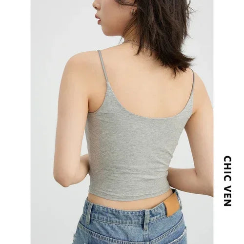 CHIC VEN Women's Tanks New Loose Short Camis Sleeveless Solid Crop Top Woman Clothing Spring Summer 2023