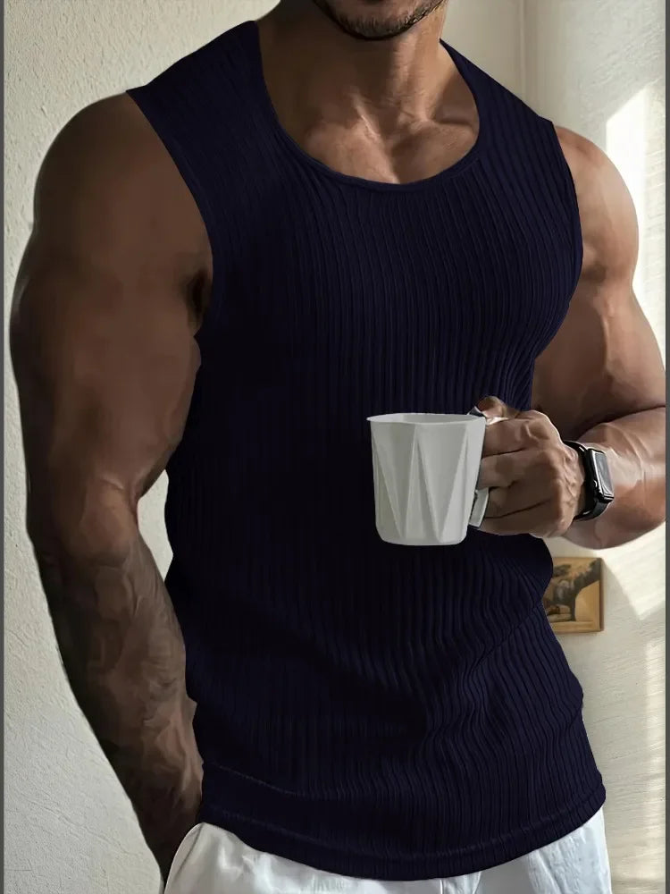 Men's Gym Stripe Tank Top Breathable Sleeveless Shirt Sports Undershirt Bodybuilding Vest Solid Color Casual T-Shirt Streetwear