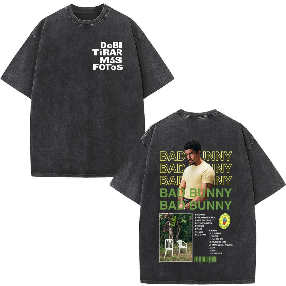 Rapper Bad Bunny Album Cover Print T-shirt Debi Tirar Mas Fotos DTMF Washed Vintage T Shirt Men Women Hip Hop Oversized T-shirts