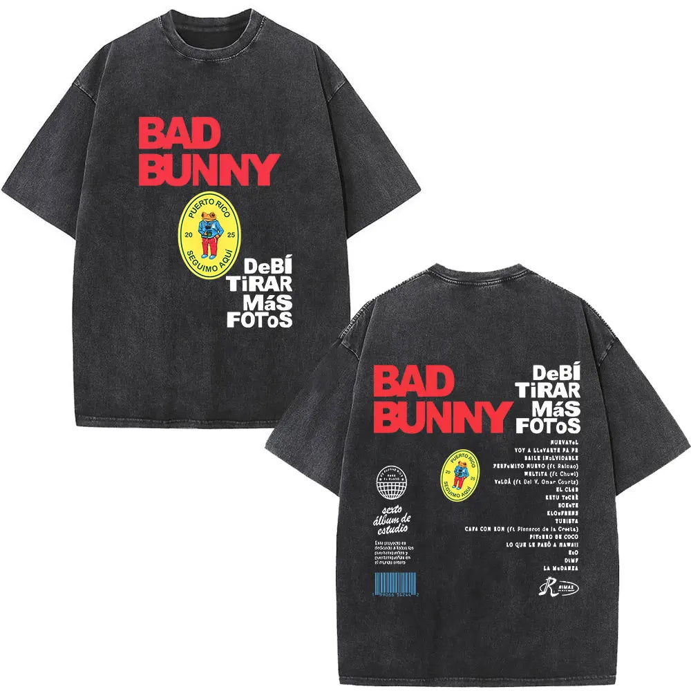 Rapper Bad Bunny Album Cover Print T-shirt Debi Tirar Mas Fotos DTMF Washed Vintage T Shirt Men Women Hip Hop Oversized T-shirts