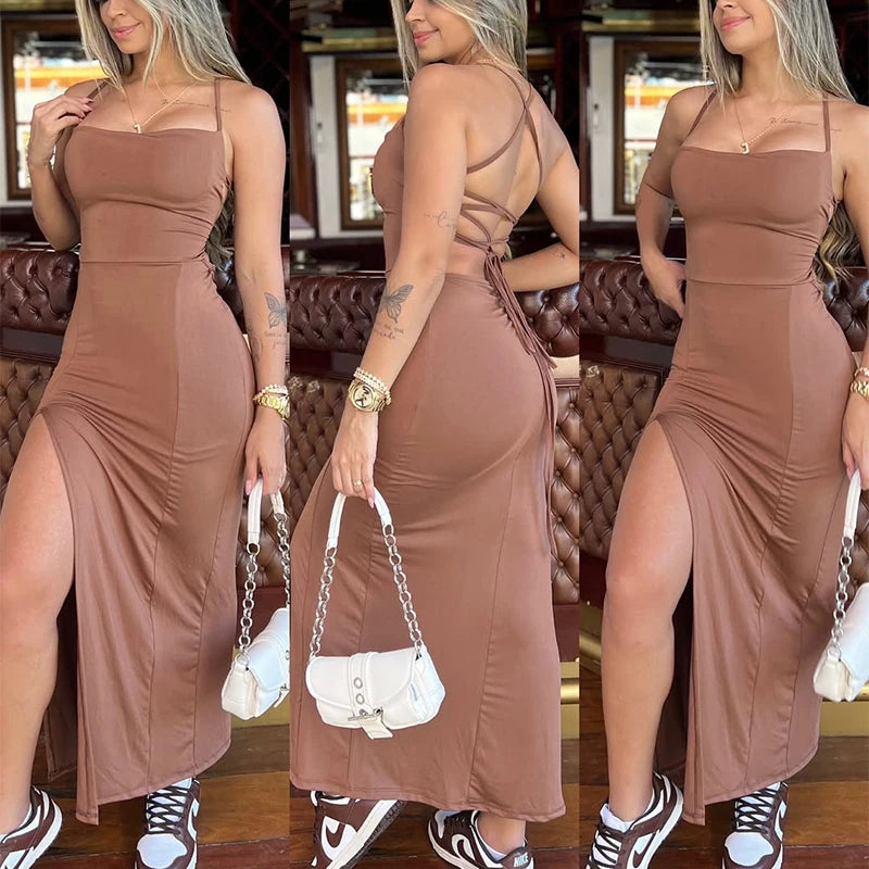 Women Sleeveless Strap Solid Color Elegant Bandage Long Dress