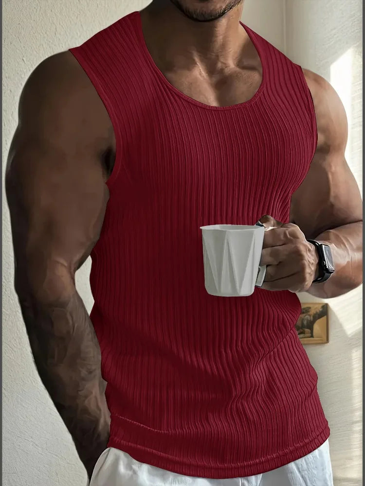 Men's Gym Stripe Tank Top Breathable Sleeveless Shirt Sports Undershirt Bodybuilding Vest Solid Color Casual T-Shirt Streetwear