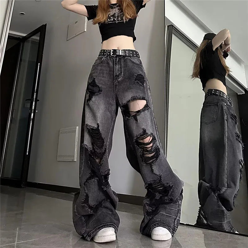 High Street Vintage Black Ripped Jeans Fashion Wide Leg Pants Women