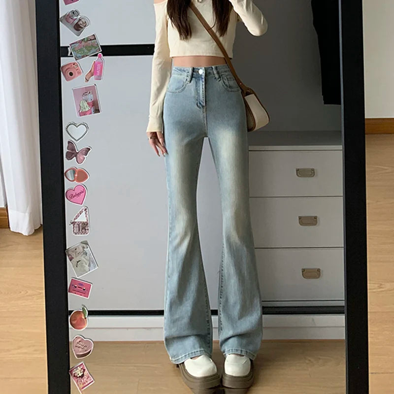 Women Flare Stretch Moustache Jeans Fashion Skinny Bell Bottom High Waist