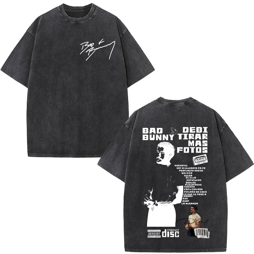 Rapper Bad Bunny Album Cover Print T-shirt Debi Tirar Mas Fotos DTMF Washed Vintage T Shirt Men Women Hip Hop Oversized T-shirts