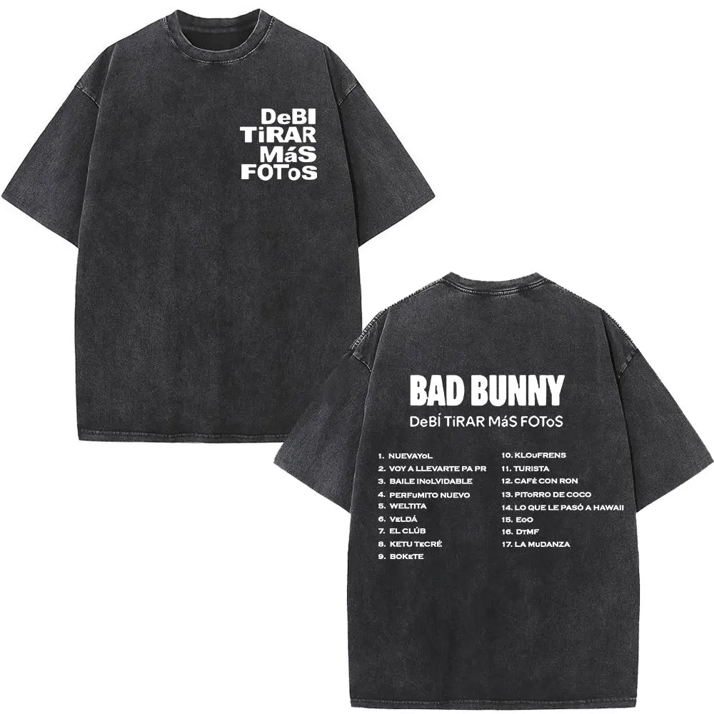 Rapper Bad Bunny Album Cover Print T-shirt Debi Tirar Mas Fotos DTMF Washed Vintage T Shirt Men Women Hip Hop Oversized T-shirts