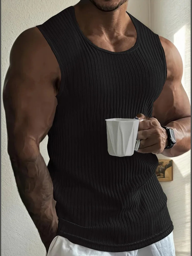 Men's Gym Stripe Tank Top Breathable Sleeveless Shirt Sports Undershirt Bodybuilding Vest Solid Color Casual T-Shirt Streetwear