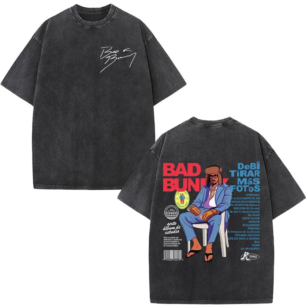 Rapper Bad Bunny Album Cover Print T-shirt Debi Tirar Mas Fotos DTMF Washed Vintage T Shirt Men Women Hip Hop Oversized T-shirts
