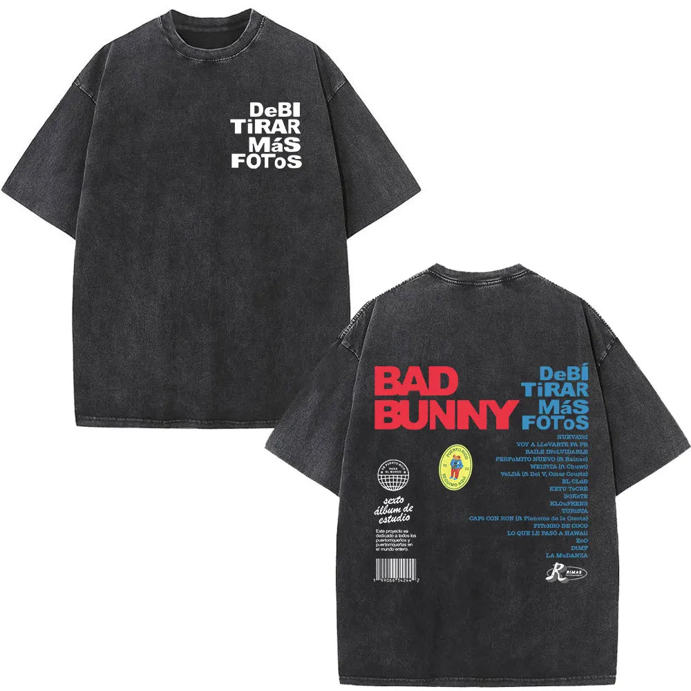 Rapper Bad Bunny Album Cover Print T-shirt Debi Tirar Mas Fotos DTMF Washed Vintage T Shirt Men Women Hip Hop Oversized T-shirts
