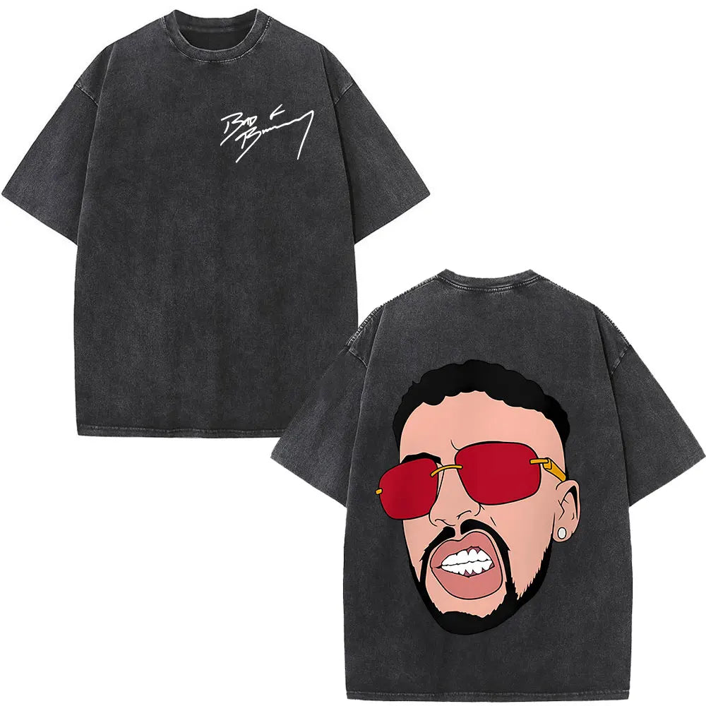 Rapper Bad Bunny Album Cover Print T-shirt Debi Tirar Mas Fotos DTMF Washed Vintage T Shirt Men Women Hip Hop Oversized T-shirts