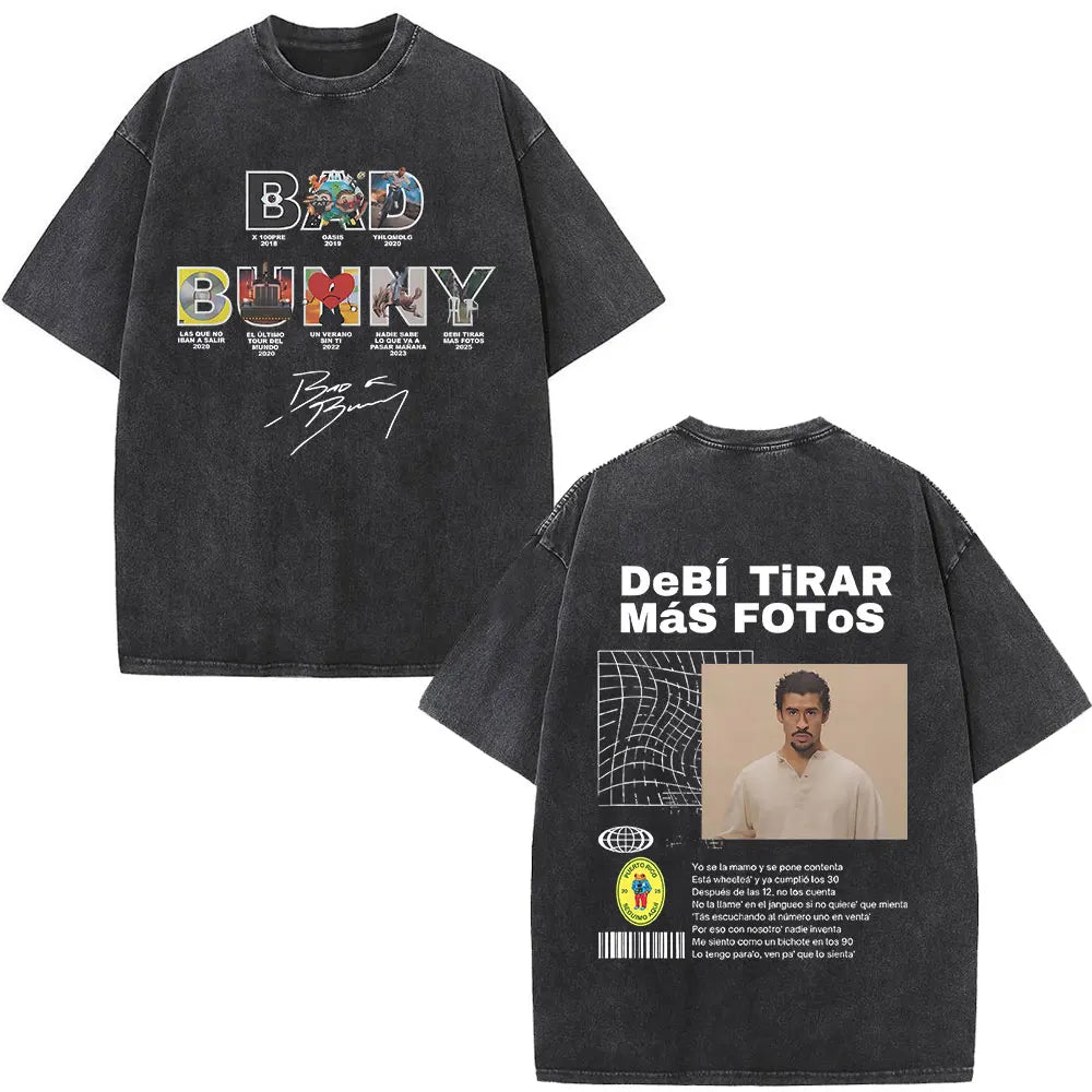 Rapper Bad Bunny Album Cover Print T-shirt Debi Tirar Mas Fotos DTMF Washed Vintage T Shirt Men Women Hip Hop Oversized T-shirts