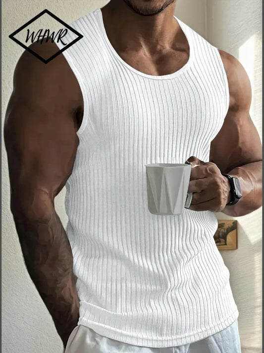 Men's Gym Stripe Tank Top Breathable Sleeveless Shirt Sports Undershirt Bodybuilding Vest Solid Color Casual T-Shirt Streetwear