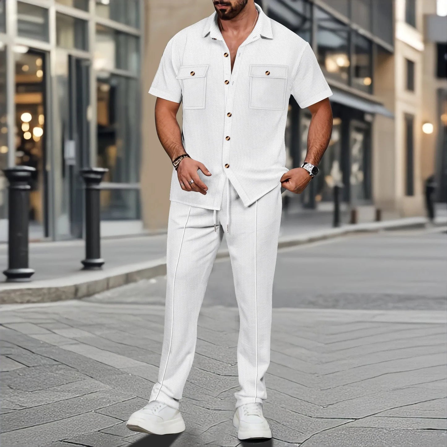 The new 2025 summer Europe and the United States men's casual solid color cardigan double pocket shirt short sleeve pants suit