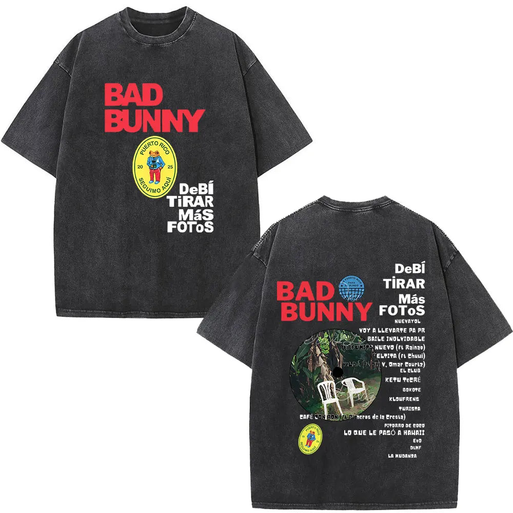 Rapper Bad Bunny Album Cover Print T-shirt Debi Tirar Mas Fotos DTMF Washed Vintage T Shirt Men Women Hip Hop Oversized T-shirts