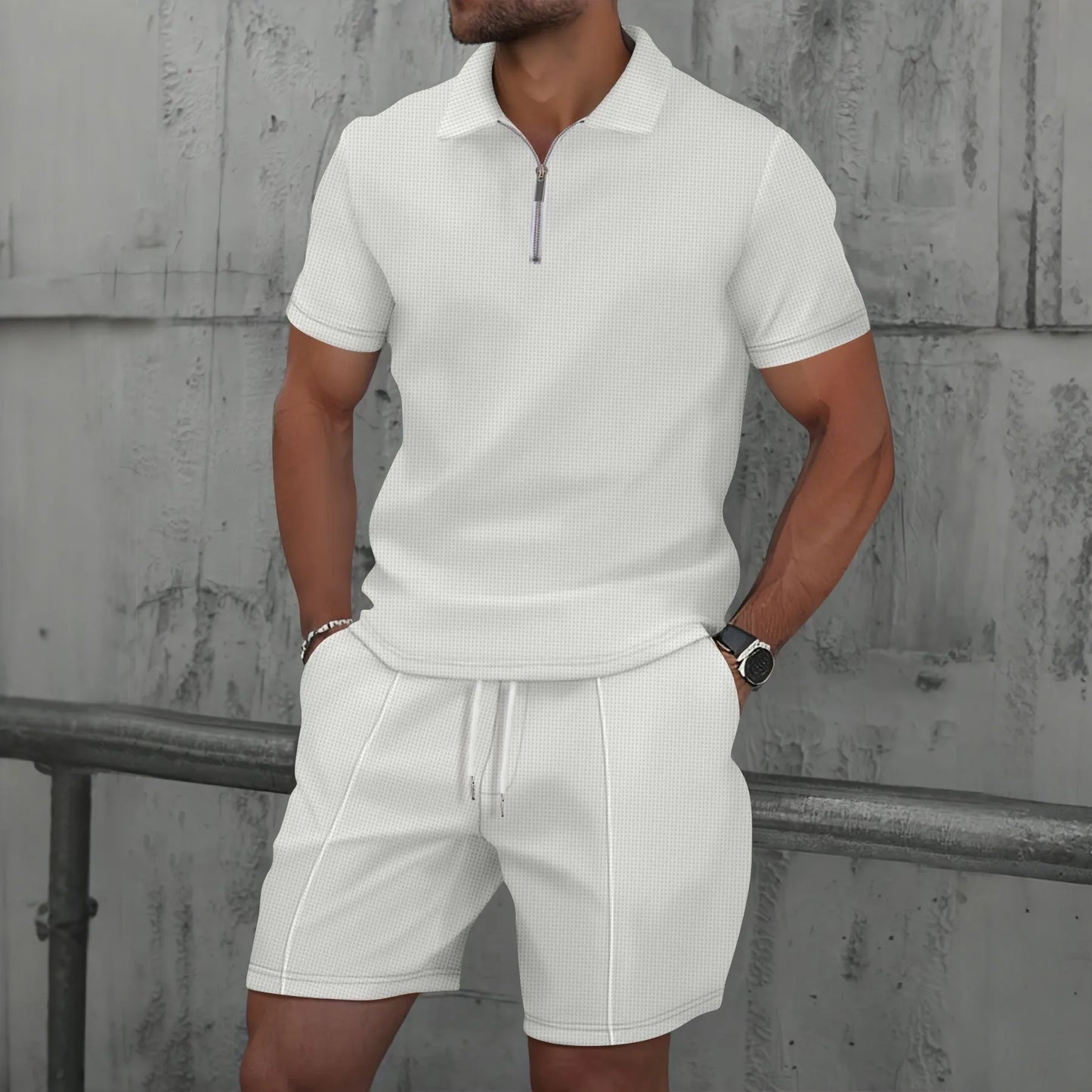 2026 Men Europe and the United States new summer Waffle solid color zip-up lapel short-sleeve suit shorts two sets