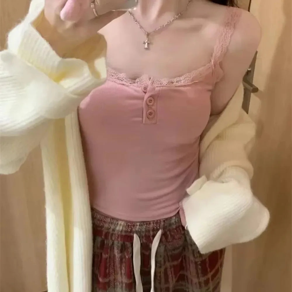 Coquette Y2k Crop Top Summer Lace Tank Top Women Cropped Cute Camis Sexy White Crop Tops Female Korean Sleeveless Black Vest