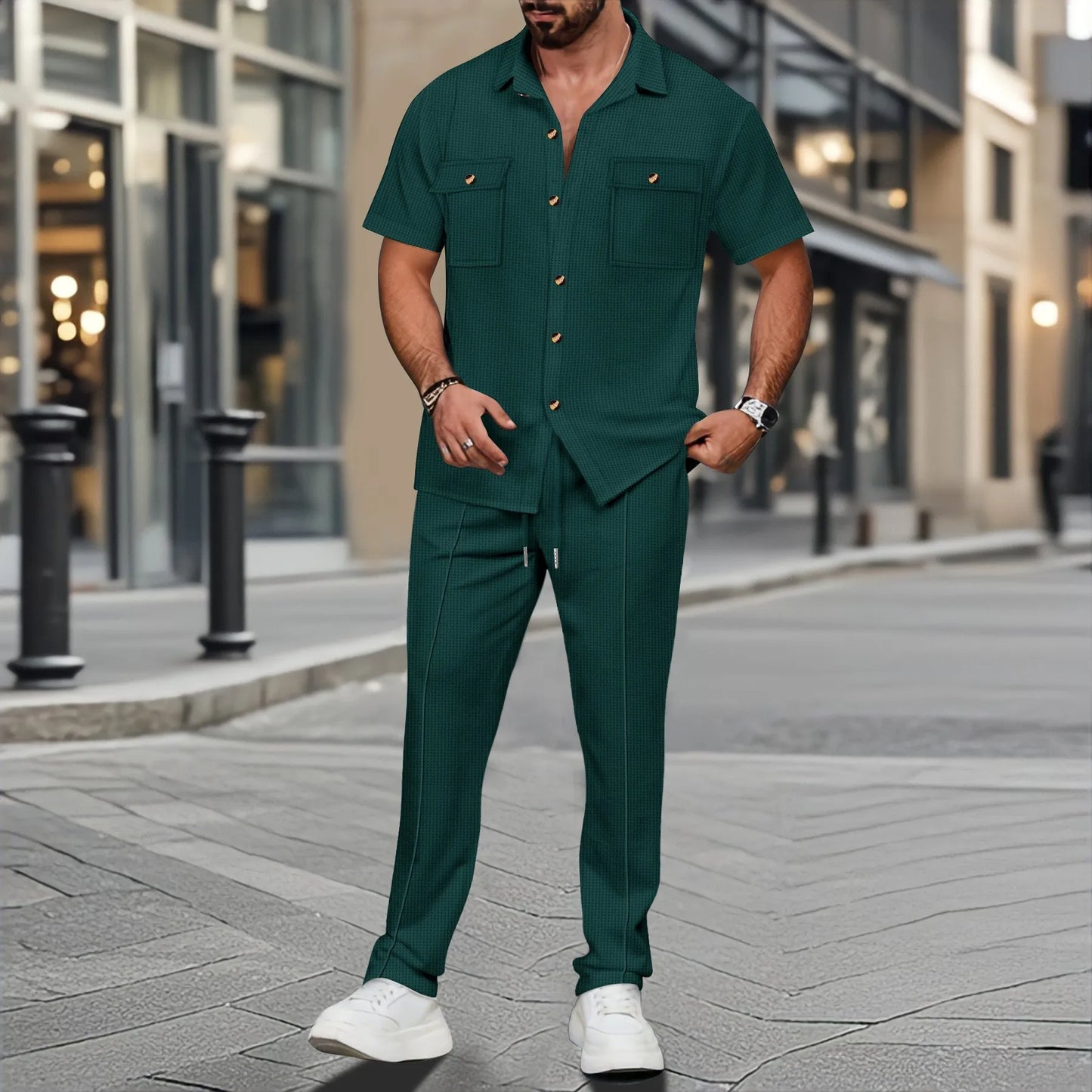 The new 2025 summer Europe and the United States men's casual solid color cardigan double pocket shirt short sleeve pants suit