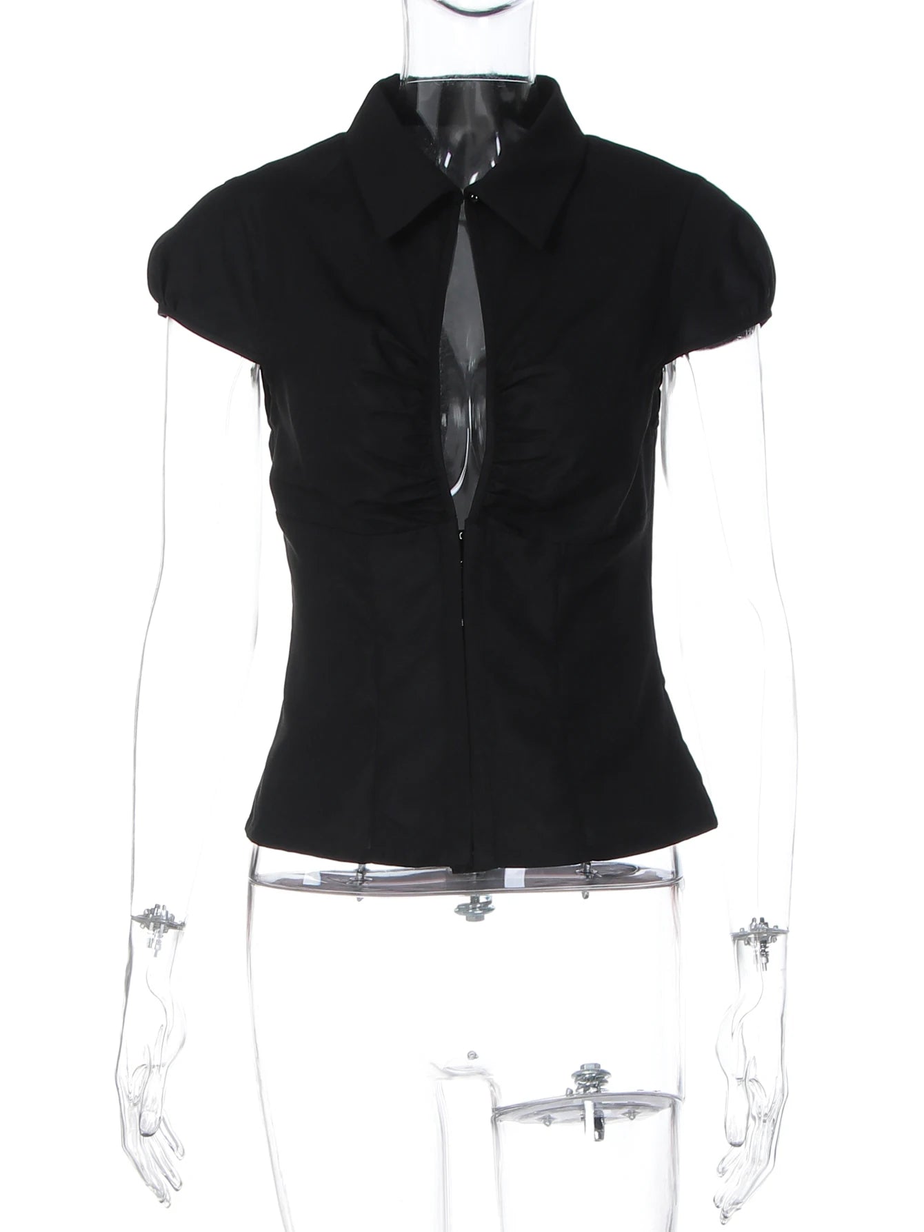 Dulzura Summer Fashion Turn-Down Collar Short Sleeve Hollow Out Ruched Slim T-Shirt Women'S Casual Versatile Street Style Outfit