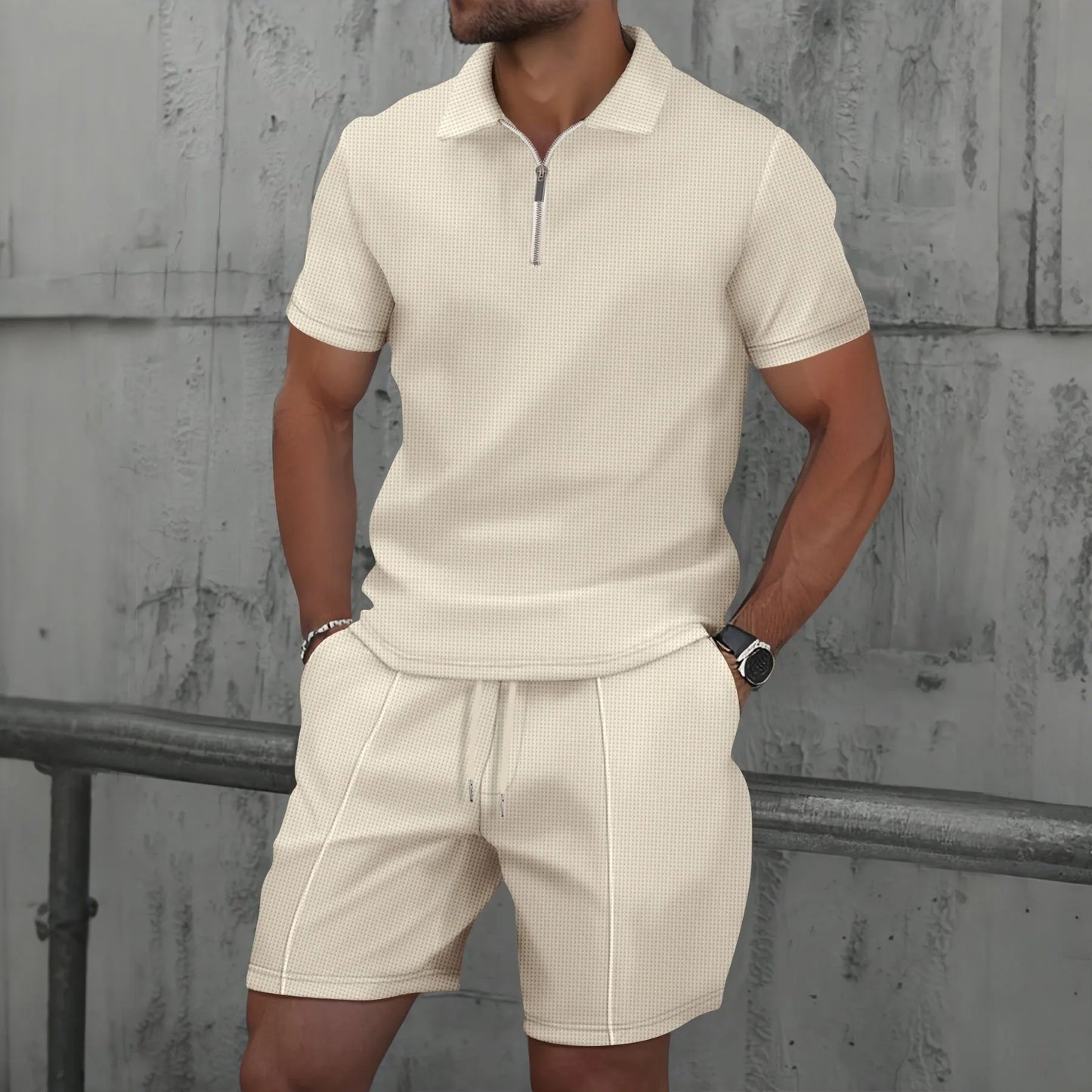 2026 Men Europe and the United States new summer Waffle solid color zip-up lapel short-sleeve suit shorts two sets