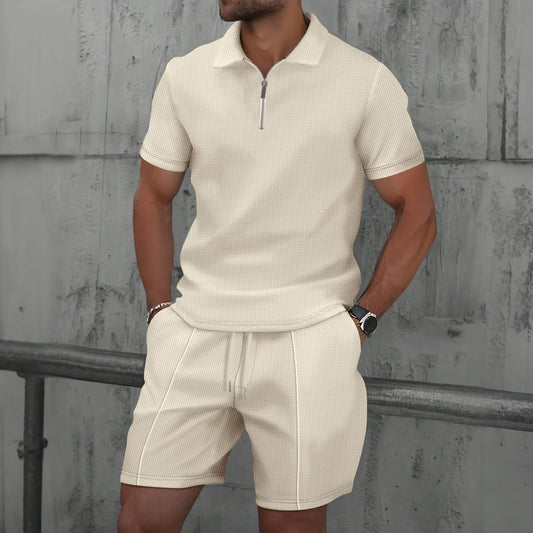 2026 Men Europe and the United States new summer Waffle solid color zip-up lapel short-sleeve suit shorts two sets