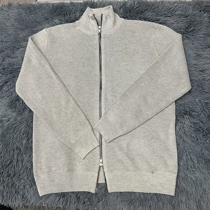 Autumn Winter Men Loose Casual Knit Sweater Zipper Semi High Neck Long Sleeve Cardigan Lazy Comfortable Warm Fashion Top