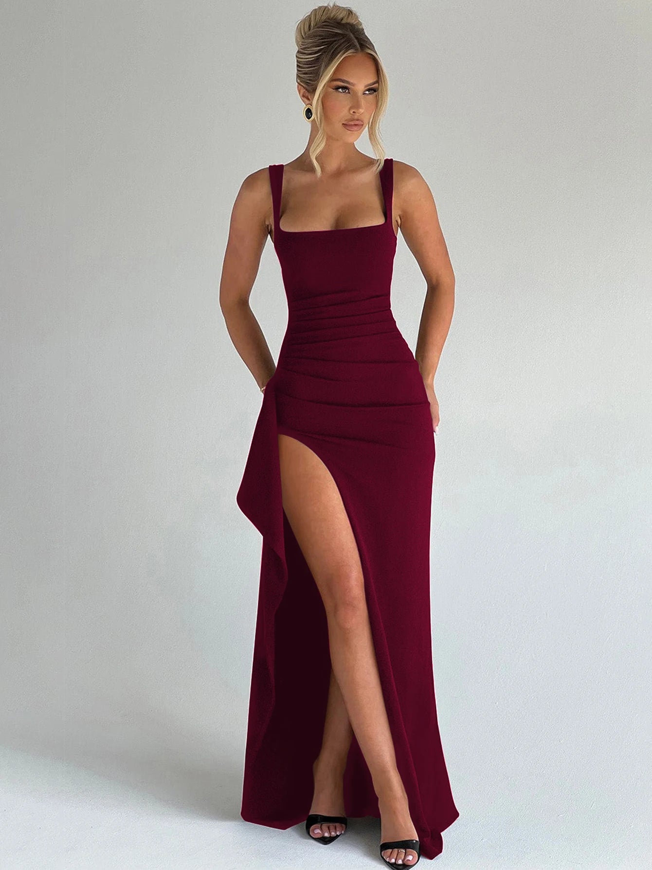 Hugcitar Women Elegant Solid Straps Slit Ruched