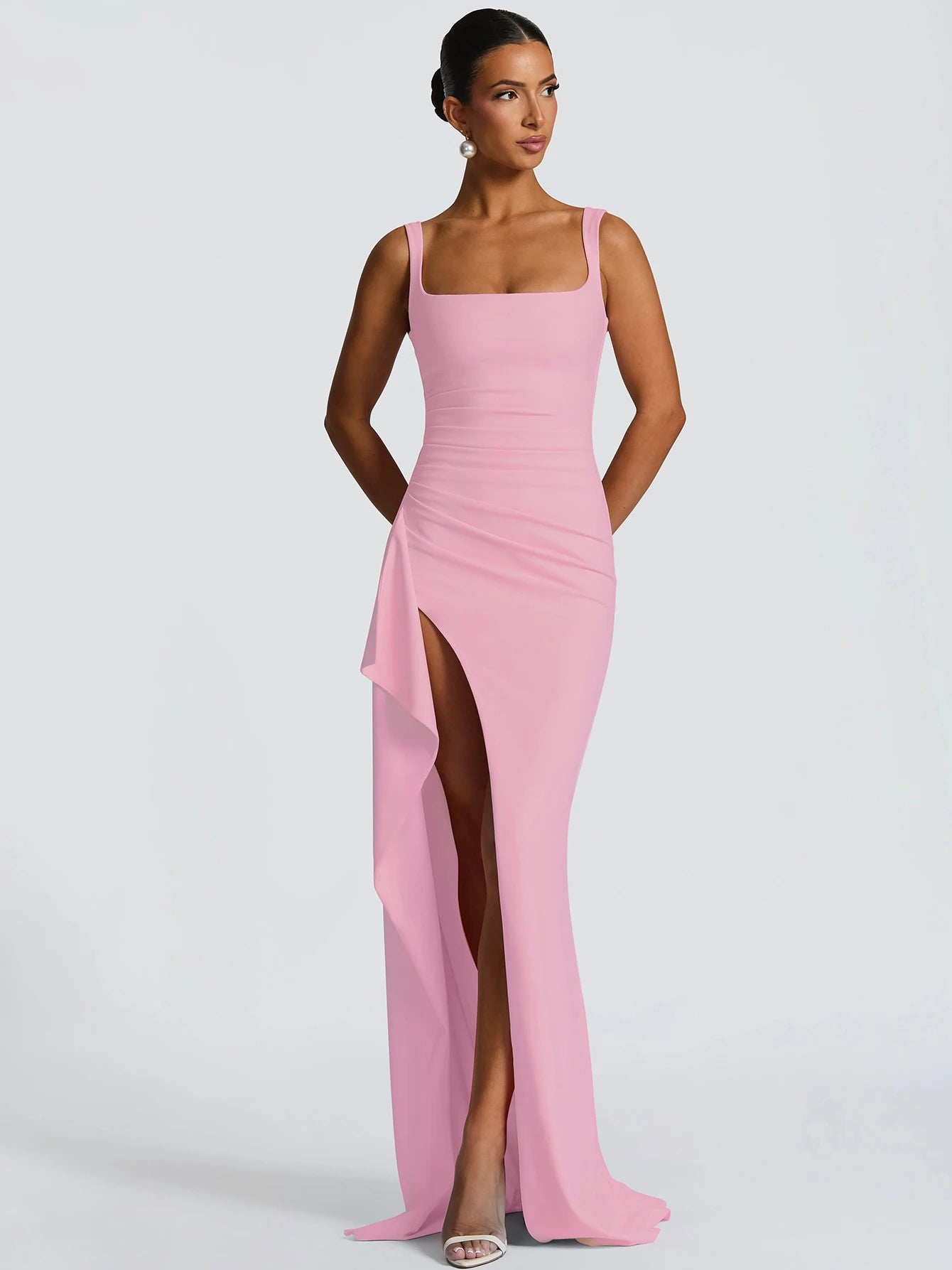 Hugcitar Women Elegant Solid Straps Slit Ruched