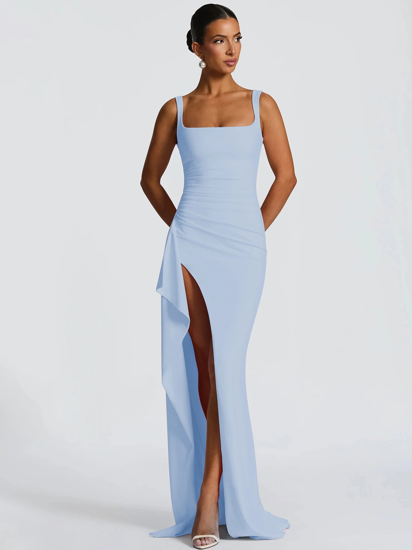 Hugcitar Women Elegant Solid Straps Slit Ruched