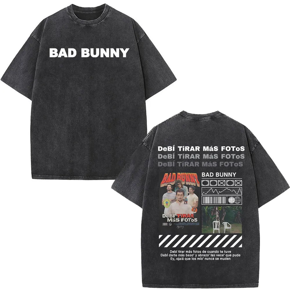 Rapper Bad Bunny Album Cover Print T-shirt Debi Tirar Mas Fotos DTMF Washed Vintage T Shirt Men Women Hip Hop Oversized T-shirts