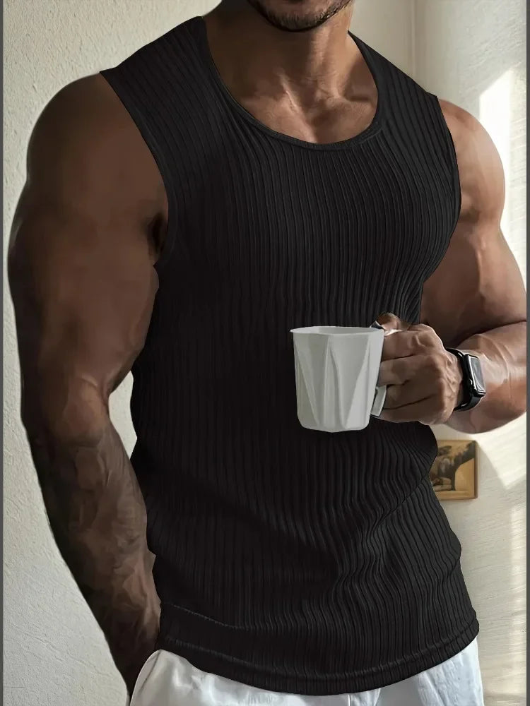 Men's Gym Stripe Tank Top Breathable Sleeveless Shirt Sports Undershirt Bodybuilding Vest Solid Color Casual T-Shirt Streetwear