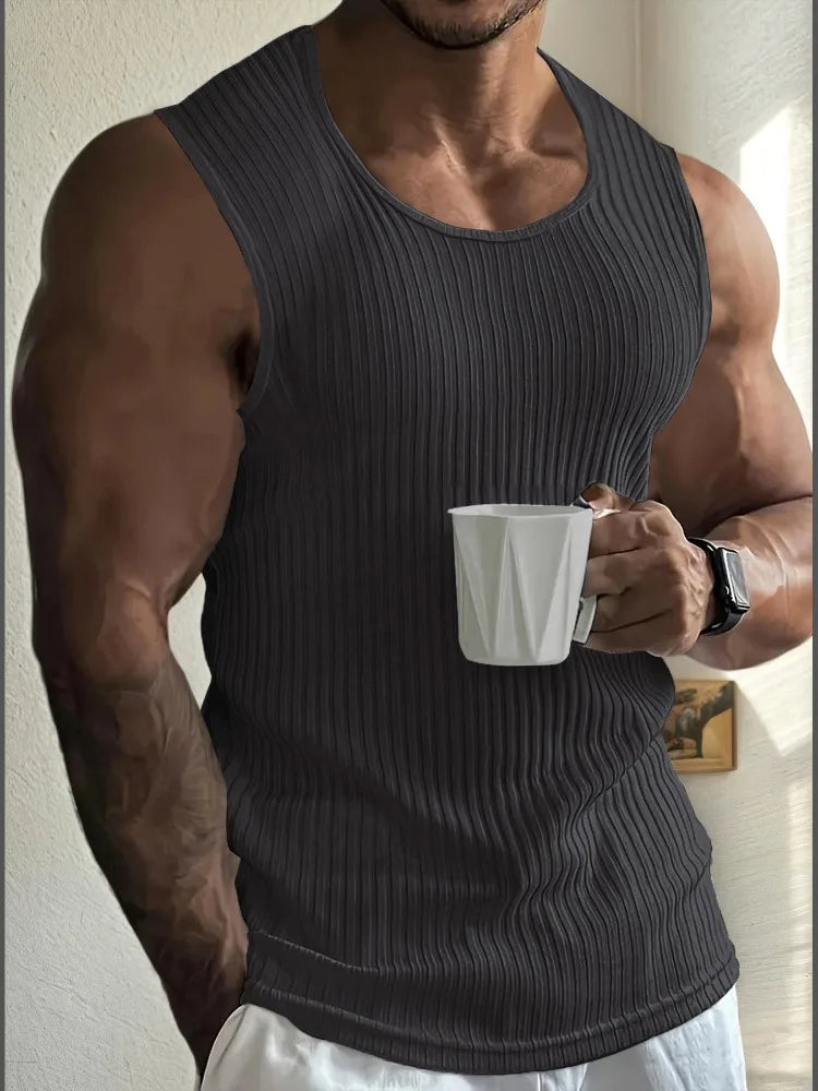 Men's Gym Stripe Tank Top Breathable Sleeveless Shirt Sports Undershirt Bodybuilding Vest Solid Color Casual T-Shirt Streetwear