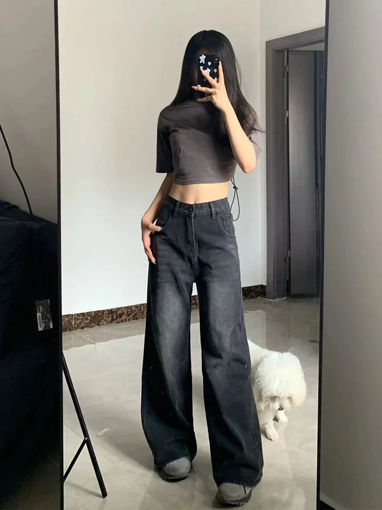 Korean Vintage High Waist Women's Jeans | Loose Straight Bell Bottoms Black Gray Baggy Denim Trousers