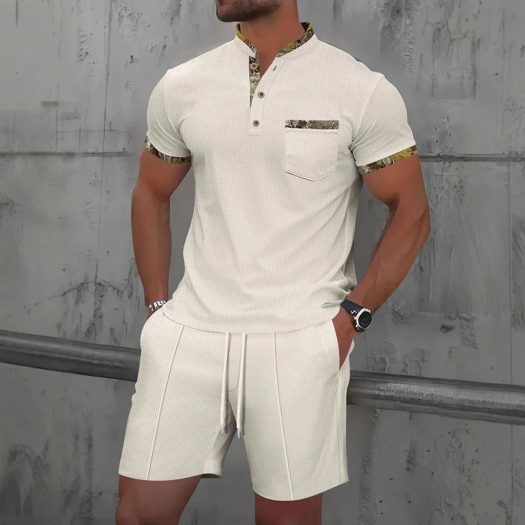 2026 Men Europe and the United States new summer Waffle solid color zip-up lapel short-sleeve suit shorts two sets