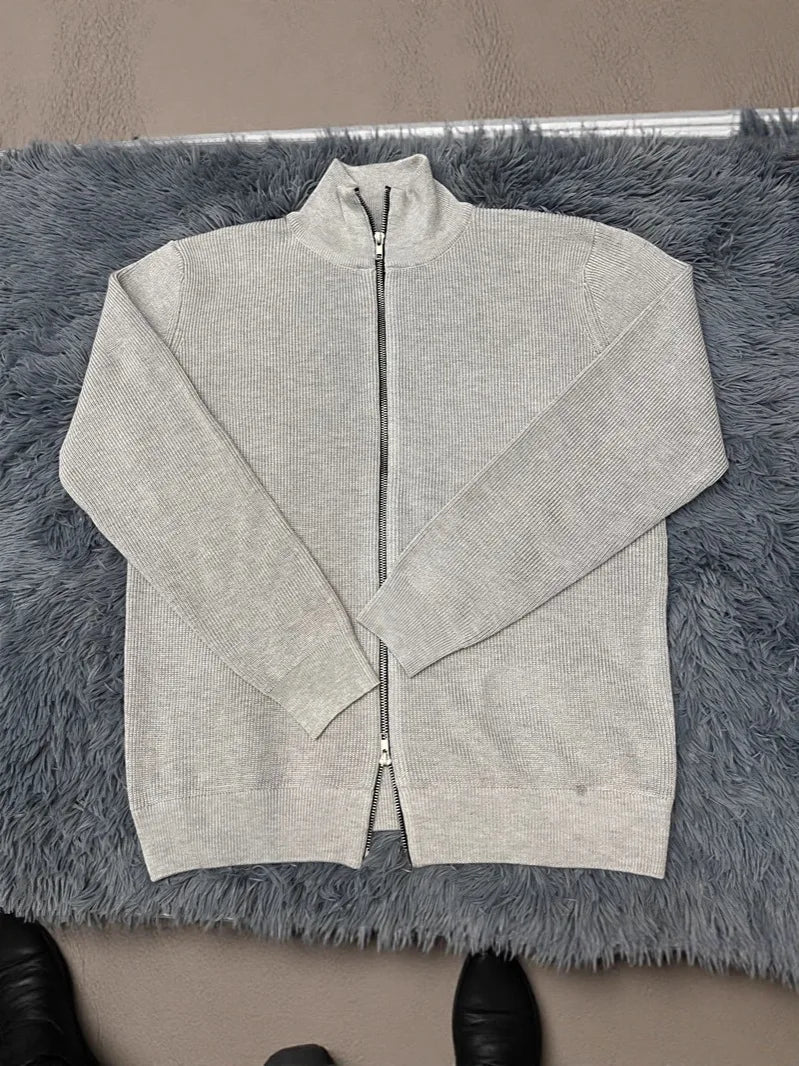 Autumn Winter Men Loose Casual Knit Sweater Zipper Semi High Neck Long Sleeve Cardigan Lazy Comfortable Warm Fashion Top