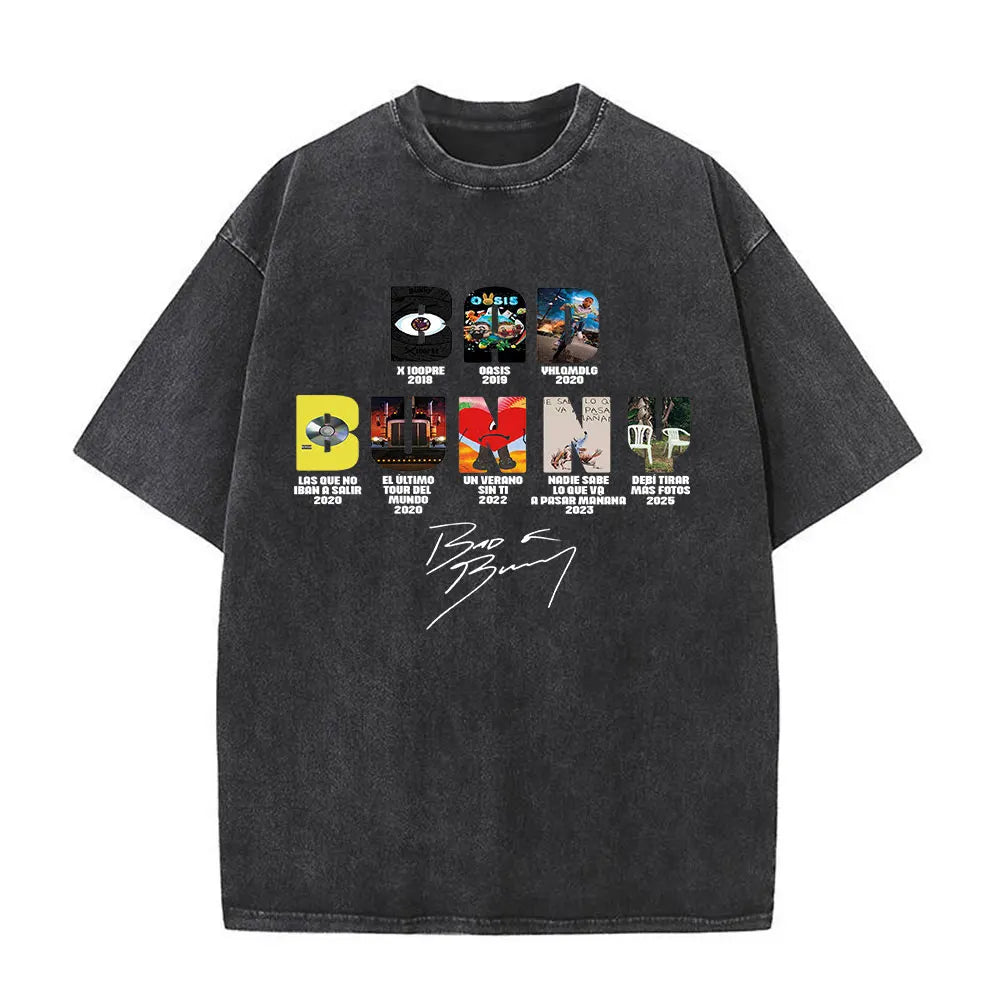 Rapper Bad Bunny Album Cover Print T-shirt Debi Tirar Mas Fotos DTMF Washed Vintage T Shirt Men Women Hip Hop Oversized T-shirts