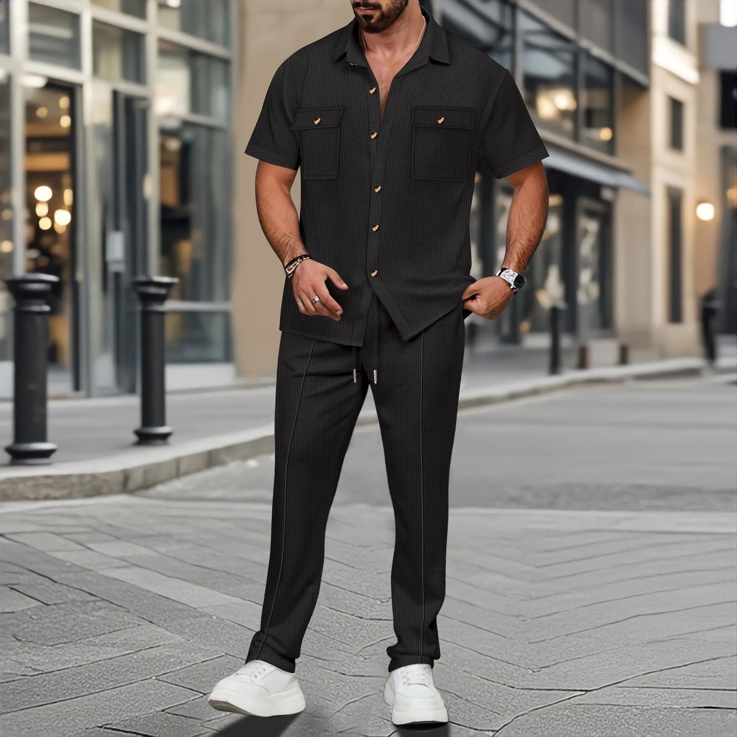 The new 2025 summer Europe and the United States men's casual solid color cardigan double pocket shirt short sleeve pants suit