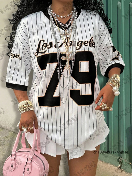 Summer New Los Angeles 79 Print Stripe T-shirt For Women V-Neck Short Sleeve Tees Sports Football Jersey Y2K Loose Oversized Top